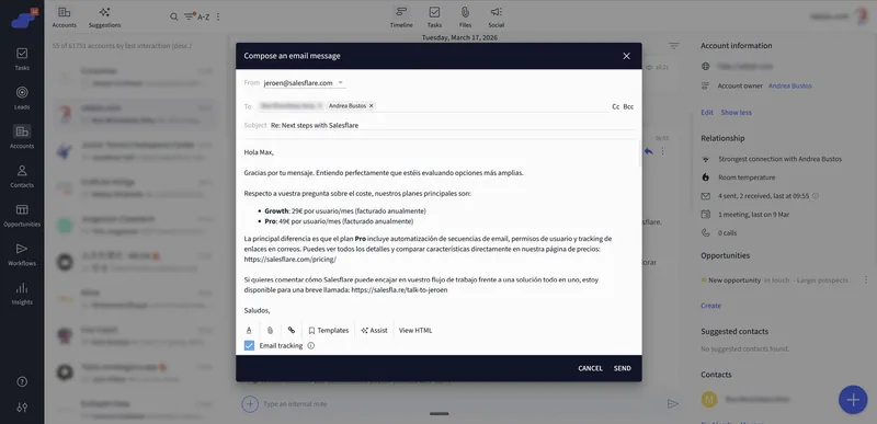 Salesflare compose window holding an AI-written reply in Spanish that quotes the Growth (€29) and Pro (€49) plans