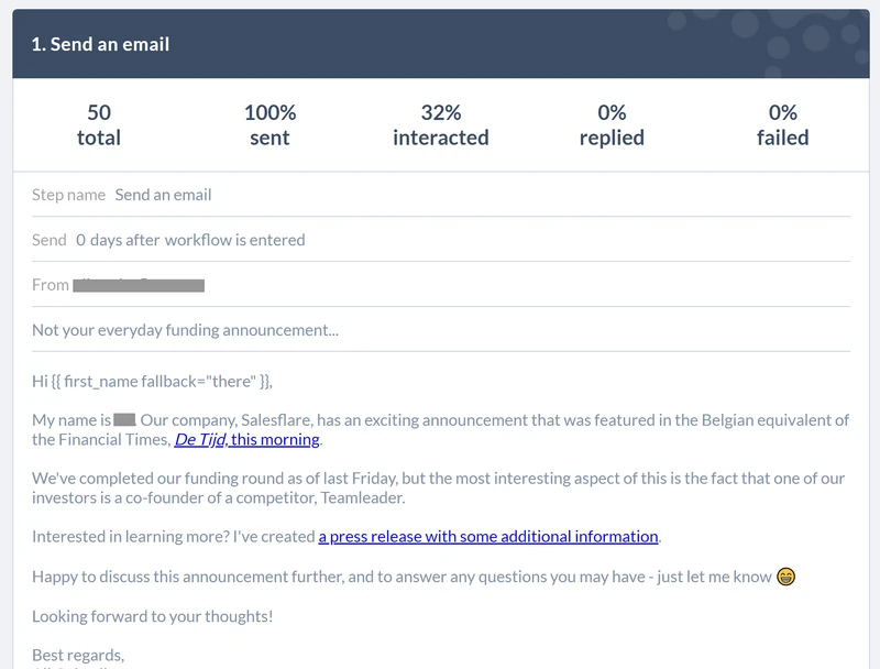 The funding pitch to journalists: 50 sent, 32% opened, 0% replied, leading with the De Tijd coverage
