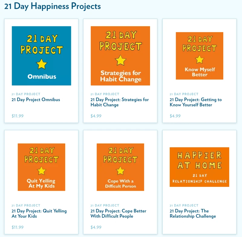 La page "21 Day Happiness Projects" de Gretchen Rubin : six cours par e-mail sur les habitudes, la connaissance de soi et les relations, de 4,99 à 11,99 $