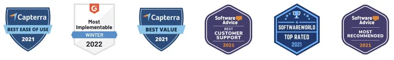 Six Salesflare award badges: Capterra Best Ease of Use and Best Value 2021, G2 Most Implementable Winter 2022, Software Advice Best Customer Support and Most Recommended 2021, SoftwareWorld Top Rated 2021