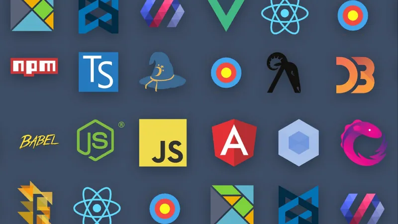 Mur de logos de l'écosystème JavaScript, dont React, Vue, Angular, Node.js, TypeScript, npm, Babel et D3