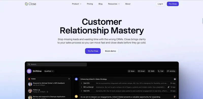 Close CRM 홈페이지