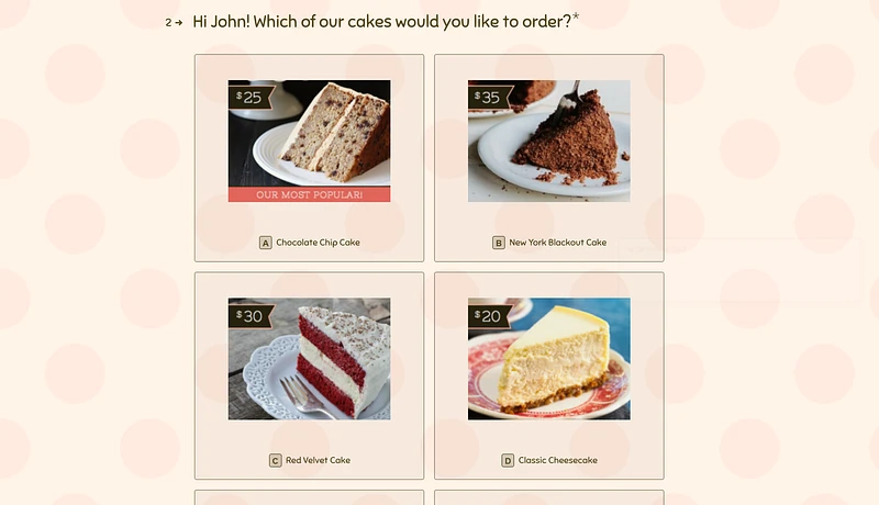 A Typeform asking which cake to order, answered by picking photos priced $20 to $35