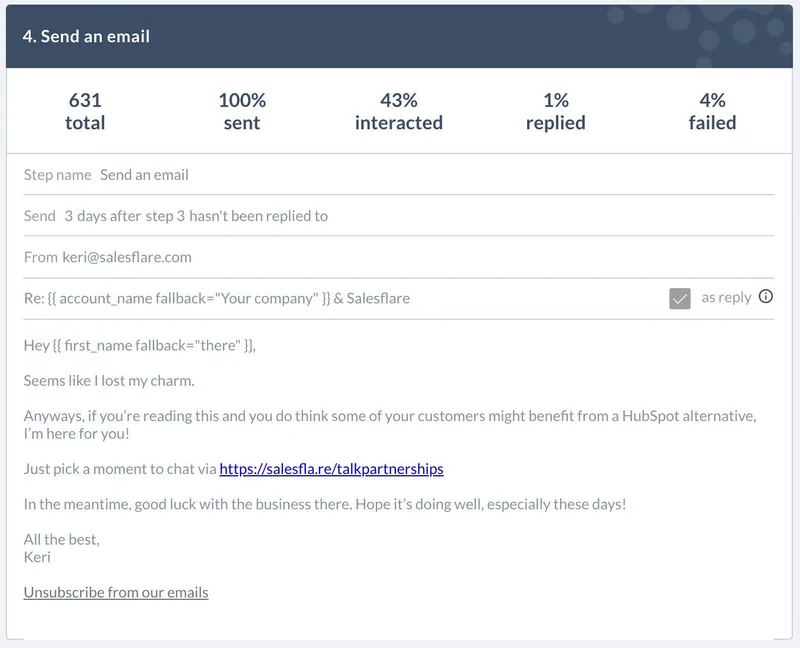 Step 4, the breakup email of the HubSpot partner sequence, 1% replied, opening with “Seems like I lost my charm”