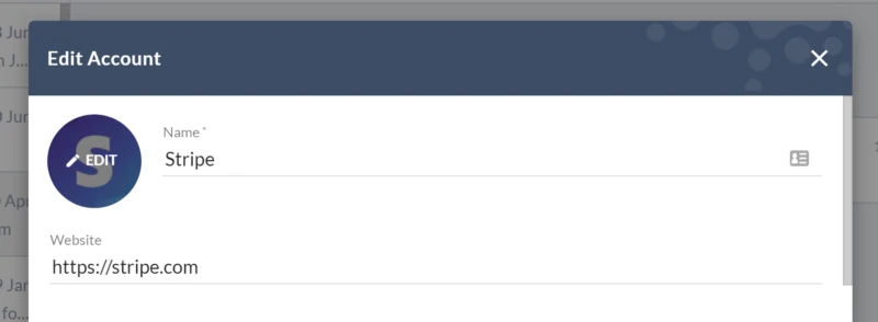 Finestra “Edit Account” di Salesflare per Stripe, con il pulsante EDIT sul logo per sostituirlo