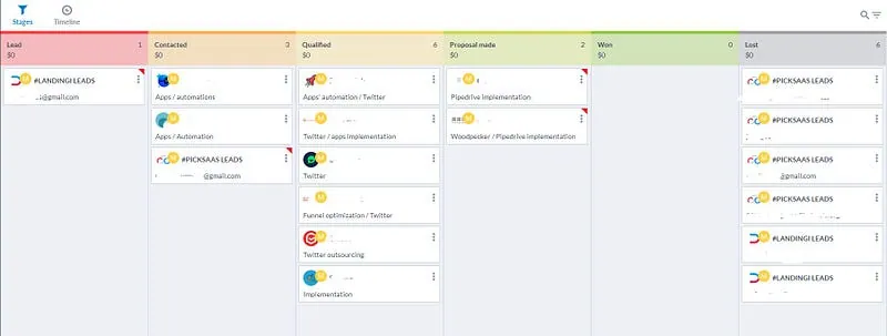 مسار صفقات Salesflare تتوزع فيه العملاء المحتملون الذين يحملون الوسمين #LANDINGILEADS و#PICKSAAS من العميل المحتمل إلى الناجحة