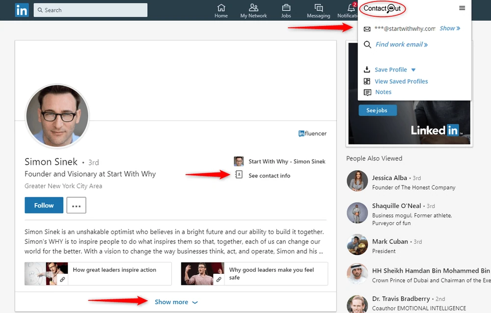 인플루언서에게 연락하기 위해 사용하는 LinkedIn용 ContactOut 확장 프로그램을 보여주는 스크린샷