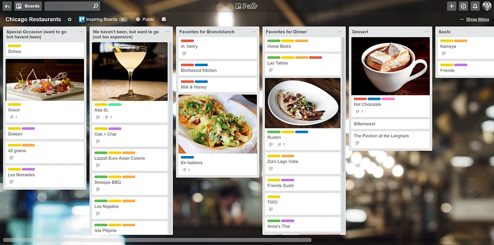 브런치, 저녁 식사, 디저트, 스시 목록과 음식 사진이 있는 카드로 구성된 “Chicago Restaurants” Trello 보드