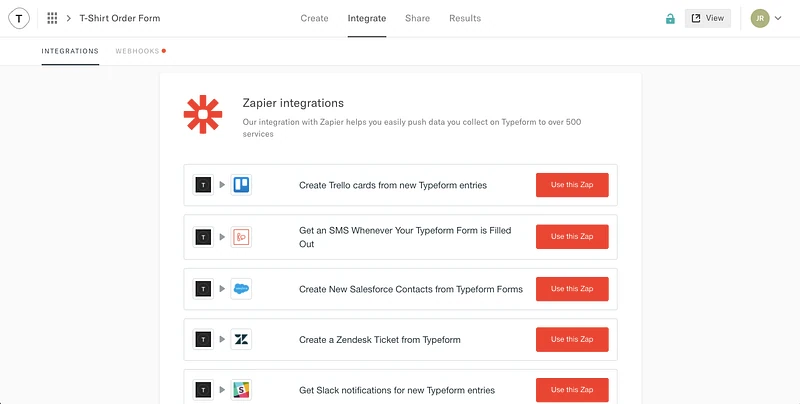 Typeform’s Integrate tab listing Zapier zaps to Trello, SMS, Salesforce, Zendesk and Slack