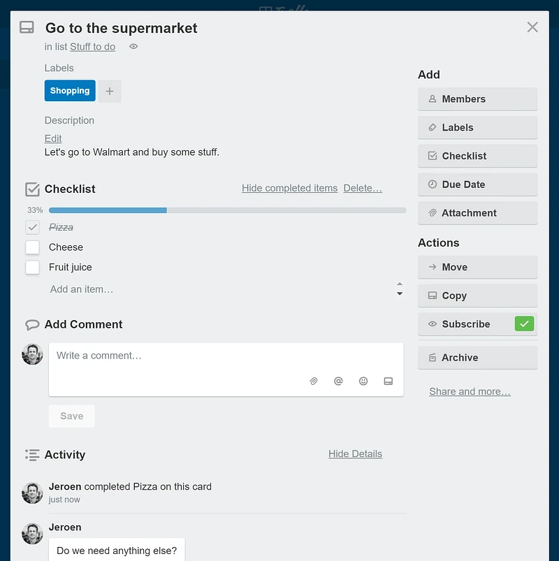“Go to the supermarket”라는 제목의 Trello 카드. Shopping 라벨, 33% 진행률의 체크리스트와 댓글 스레드가 보임