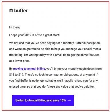 بريد إلكتروني من Buffer يعرض البيع الإضافي من خلال الفوترة السنوية لخفض التكلفة الشهرية من 15 دولارًا إلى 12 دولارًا، مع زر يحمل عبارة "انتقل إلى الفوترة السنوية ووفر 15%"