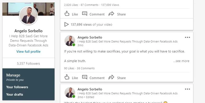 موجز الملف الشخصي على LinkedIn الخاص بـ Angelo Sorbello، ويضم 5,357 متابعًا، ومنشورًا حصد 137,696 مشاهدة و2,826 إعجابًا