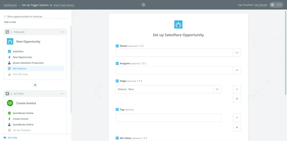 Скриншот интеграции инструментов продаж: Salesflare подключён к Quickbooks