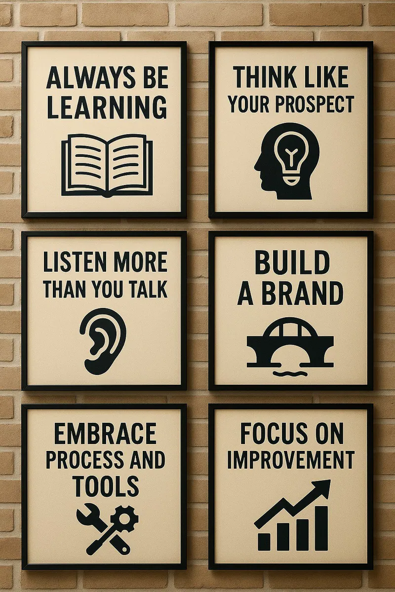 Six framed posters of SDR habits: always be learning, think like your prospect, listen more than you talk, build a brand, embrace process and tools, focus on improvement