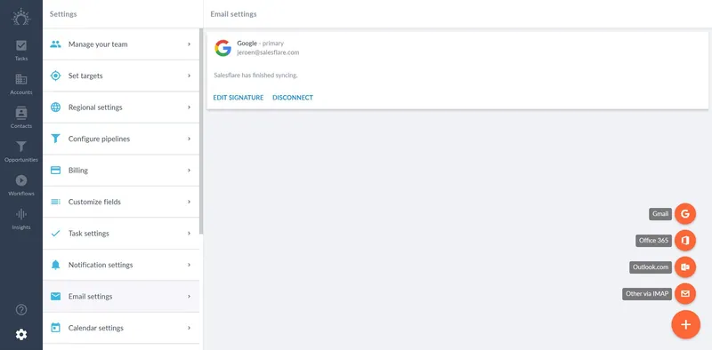 salesflare email settings to connect email