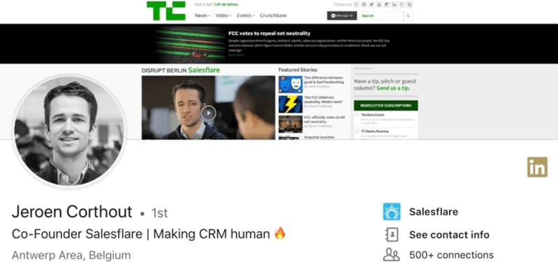 Ett exempel på en tagline på LinkedIn från Jeroen Corthouts profil, grundare av Salesflare.