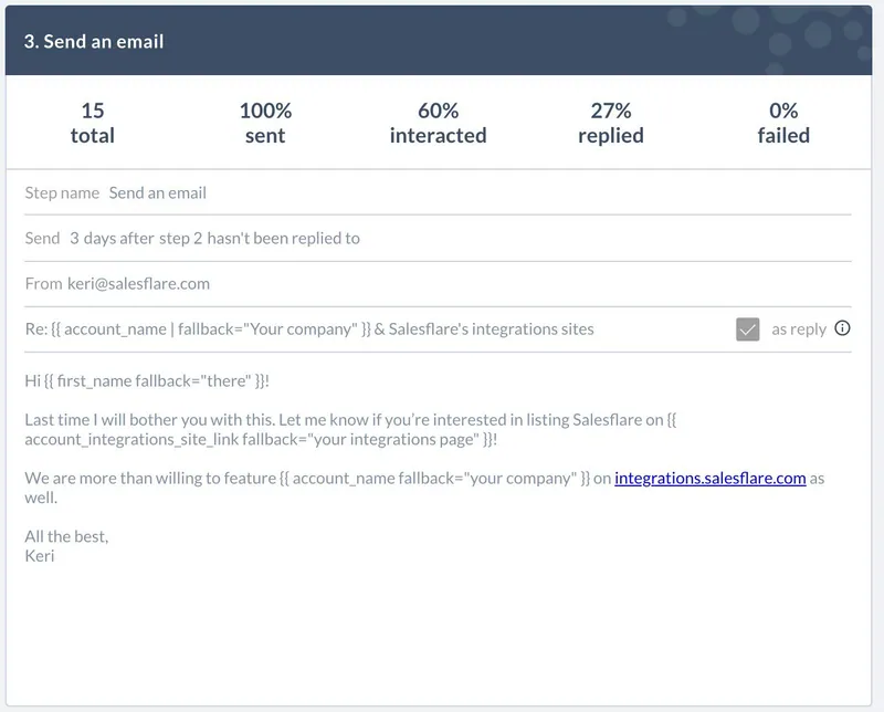 Step 3, the breakup email of the integrations outreach, 27% replied: last ask for a reciprocal listing