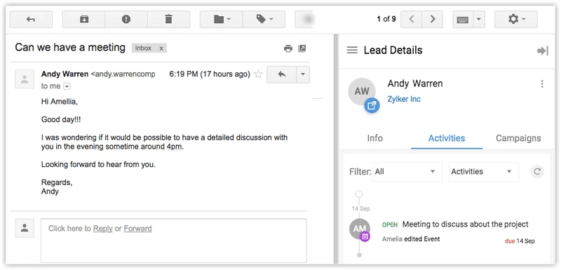 Zoho CRM muestra detalles de clientes potenciales en Gmail
