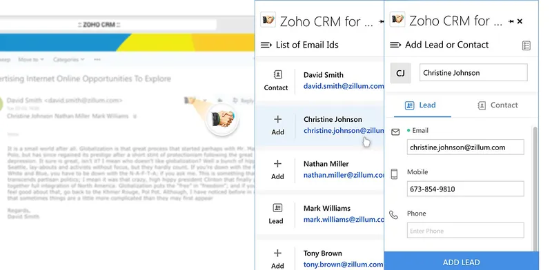 Zoho-CRM-Add-in für Outlook: Adressen aus einem Thread, eine davon wird als Lead angelegt