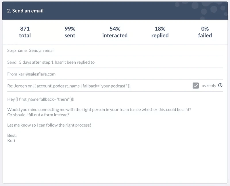 الخطوة 2 من سير عمل Salesflare، أُرسلت كرد بعد 3 أيام، وتطلب الوصول إلى الشخص المناسب أو الحصول على نموذج؛ وردّ 18٪