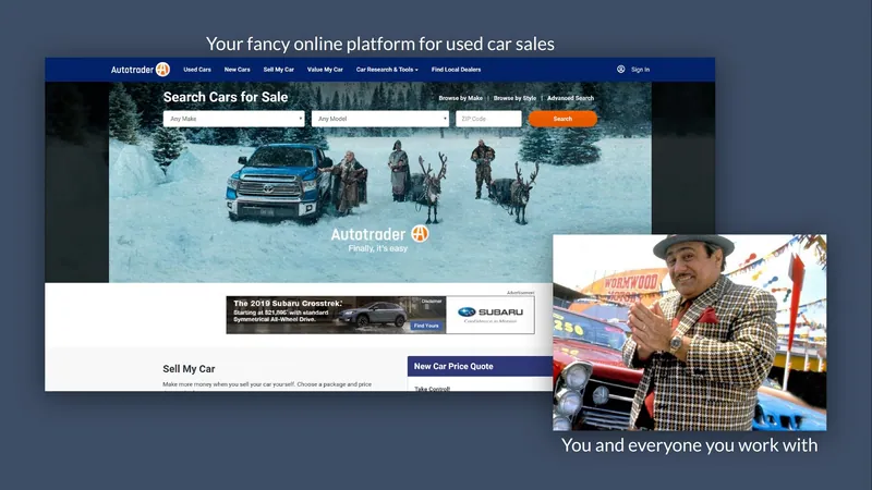 Diapo opposant "Your fancy online platform for used car sales", la page d'Autotrader, à "You and everyone you work with", un vendeur de voitures d'occasion en veste à carreaux