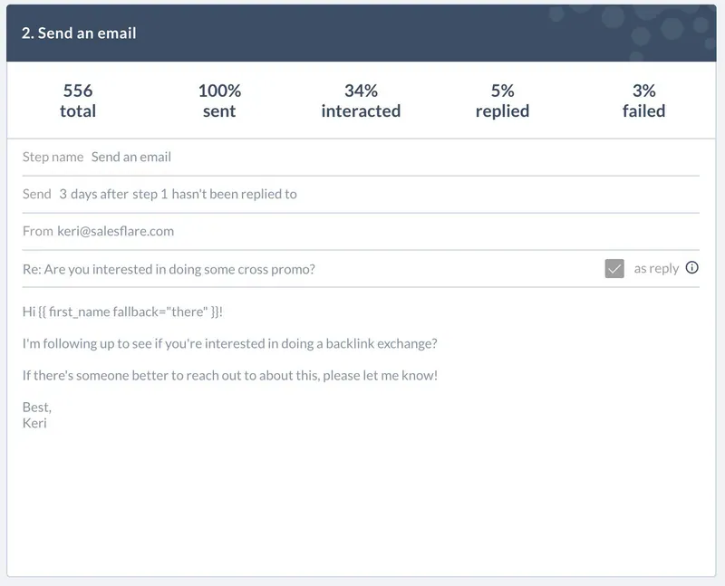 Step 2 of the backlink outreach, 5% replied: a two-line follow-up asking who to talk to about a link exchange