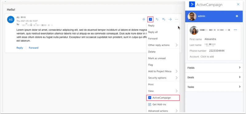 Das ActiveCampaign-Add-in wird über das Menü einer Outlook-Nachricht geöffnet, samt Kontaktpanel
