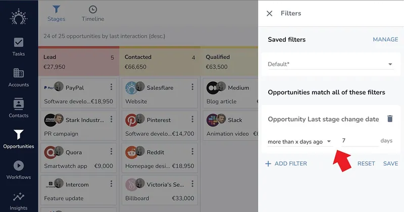 مسار صفقات Salesflare مع فتح لوحة المُرشِّح على الفرص التي تغيّرت مرحلتها آخر مرة قبل أكثر من 7 أيام