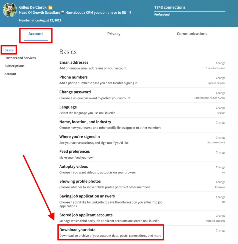 скачивание данных LinkedIn