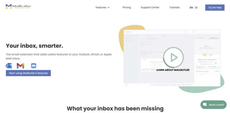 Mailbutler-Startseite mit der Überschrift "Your inbox, smarter.", eine E-Mail-Erweiterung für Outlook, Gmail und Apple Mail