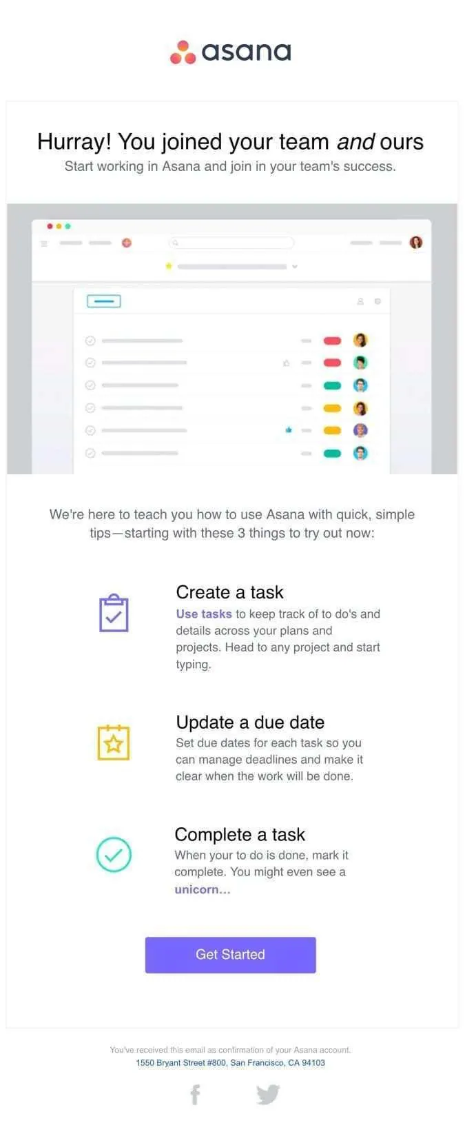رسالة تهيئة المستخدمين من Asana بعنوان "مرحى! لقد انضممت إلى فريقك وفريقنا"، تشرح كيفية إنشاء مهمة وتحديد موعد نهائي وإكمالها