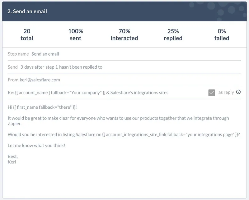 Step 2 of the integrations outreach, 25% replied: framing the listing as clarity for customers using both via Zapier