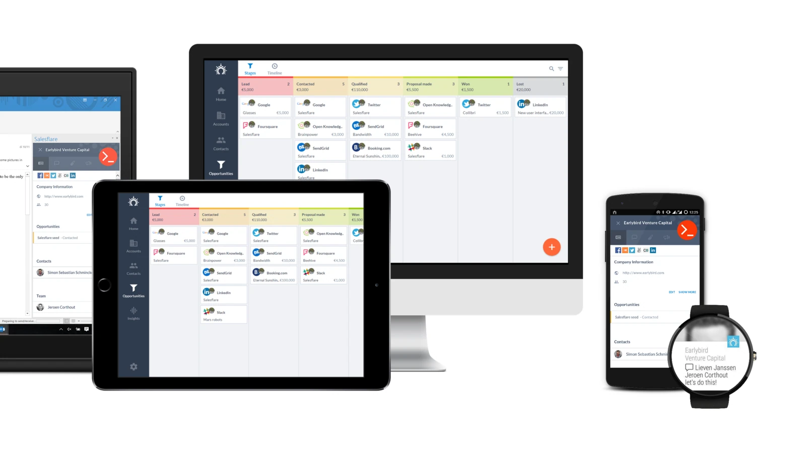 Salesflare يعمل على جهاز كمبيوتر مكتبي وجهاز لوحي وهاتف وساعة ذكية، وكذلك كشريط جانبي في Outlook، ويعرض مسار الصفقات نفسه