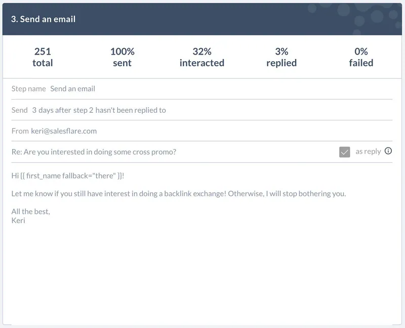 Step 3, the breakup email of the backlink outreach, 3% replied: “Otherwise, I will stop bothering you”