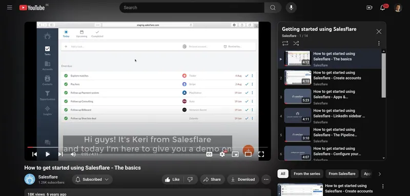 Salesflare's “Getting started” YouTube playlist, 14 short tutorial videos starting with the basics