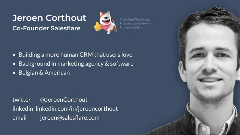 Diapo présentant Jeroen Corthout, cofondateur de Salesflare : un CRM plus humain, un parcours en agence marketing et logiciel, belge et américain