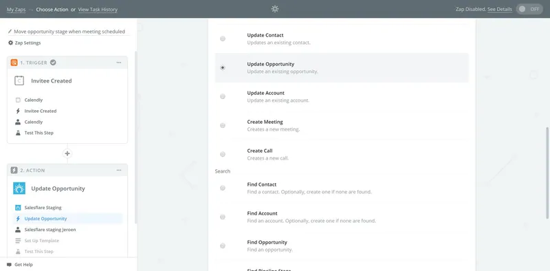 Calendly로 트리거된 Zapier zap에서 Salesflare의 작업 목록에 “거래 업데이트”가 열려 있는 모습