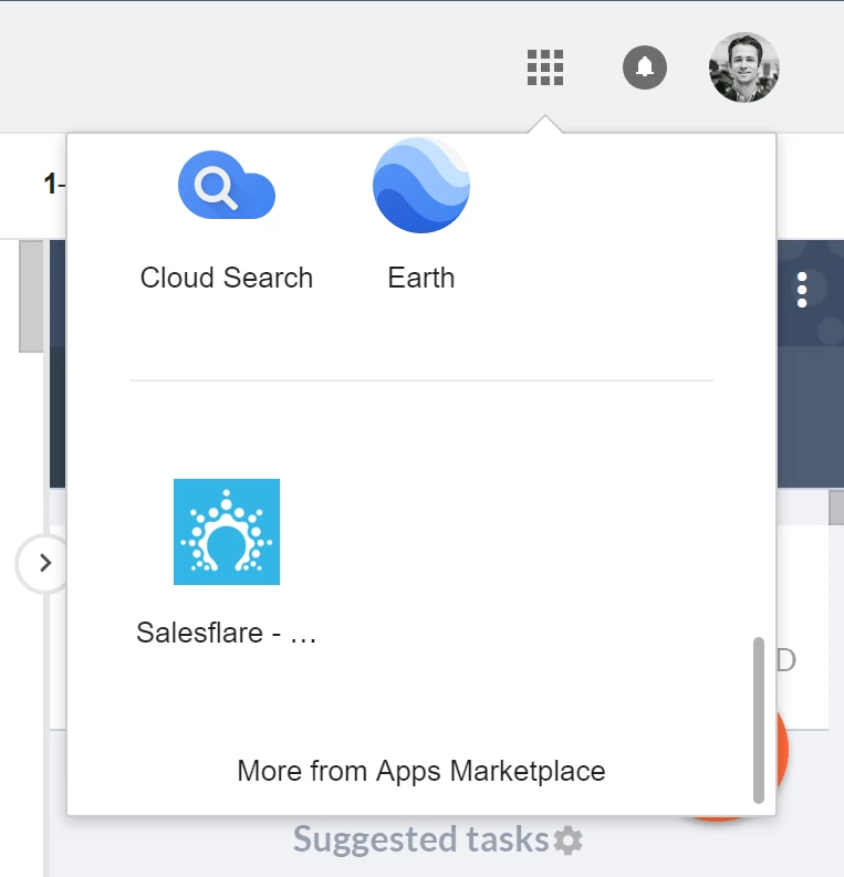 Открытая панель приложений Google, где Salesflare находится в списке рядом с Cloud Search и Earth