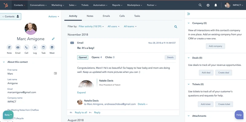 overview of a sales lead in HubSpot CRM