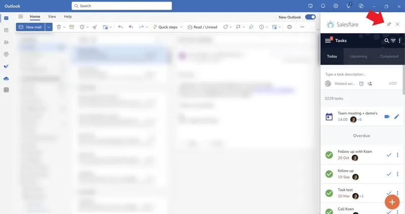 لوحة مهام Salesflare مثبتة في New Outlook، وتعرض مهام اليوم والمهام المتأخرة