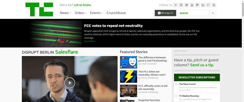 Salesflare의 Disrupt Berlin 영상 인터뷰가 주요 기사로 실린 TechCrunch 홈페이지