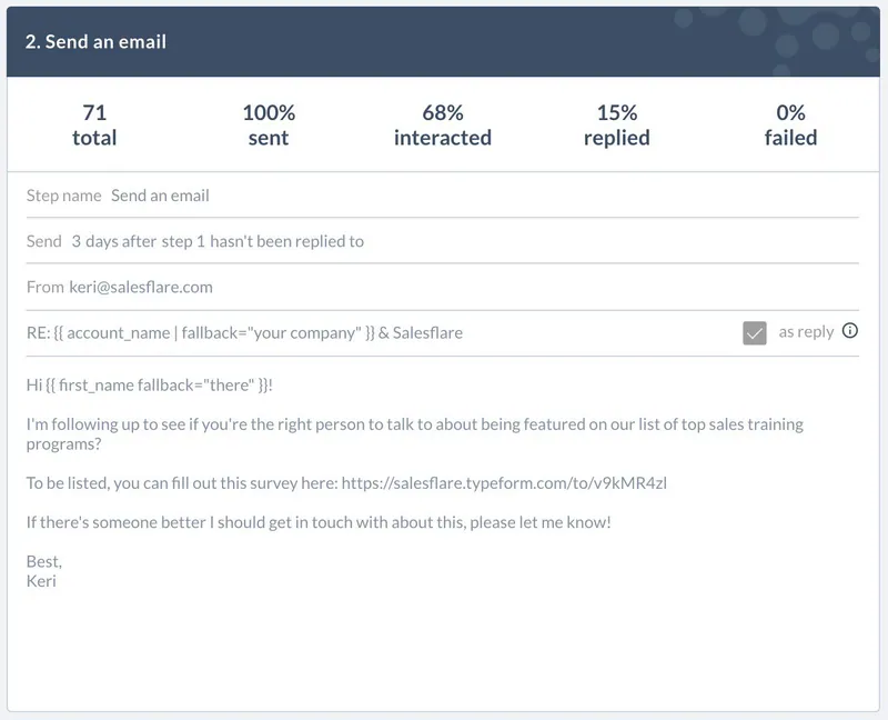 Step 2 of the consultancies sequence, 15% replied: includes the Typeform survey link and asks for the right contact