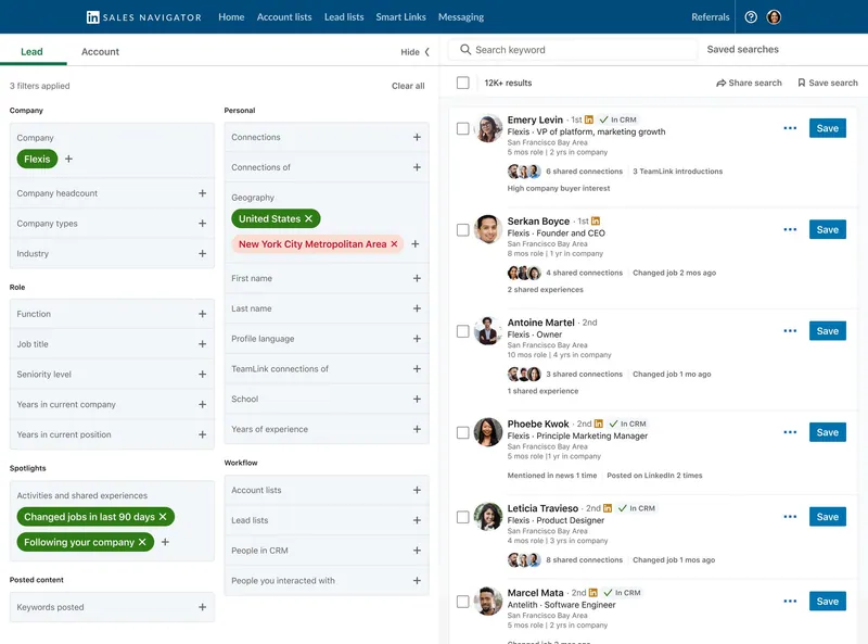 بحث عن العملاء المحتملين في LinkedIn Sales Navigator باستخدام مُرشِّحات الشركة والموقع الجغرافي و«غيّروا وظائفهم خلال آخر 90 يومًا»، مع أكثر من 12 ألف نتيجة
