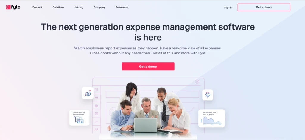 Fyle homepage headlined “The next generation expense management software is here”, with a Get a demo button