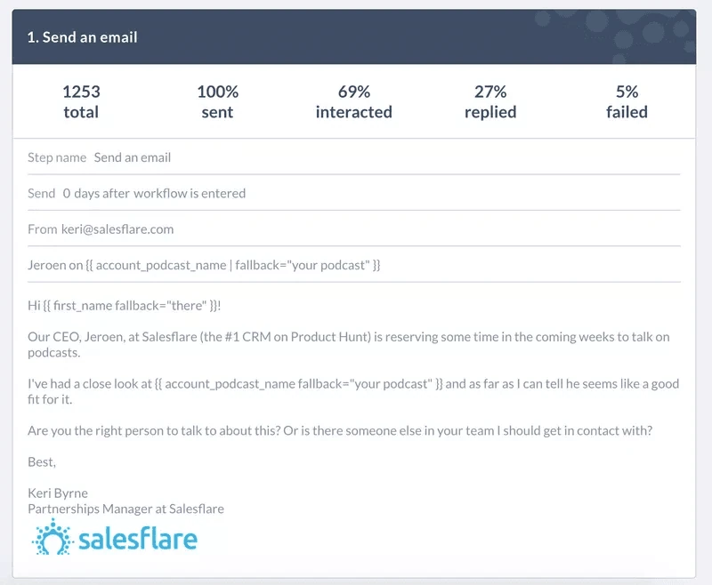 الخطوة 1 من سير عمل Salesflare: رسالة العرض الأولى القصيرة لاستضافة البودكاست، أُرسلت إلى 1253 جهة اتصال، وتفاعل معها 69٪، وردّ 27٪