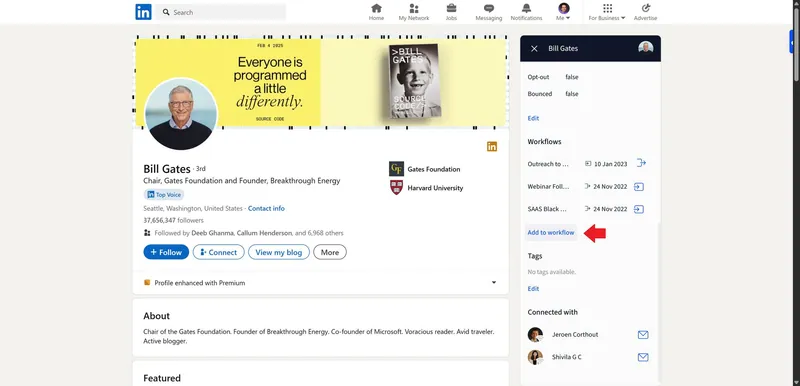 Fügen Sie Ihre LinkedIn-Leads über die Seitenleiste zu einer E-Mail-Sequenz hinzu