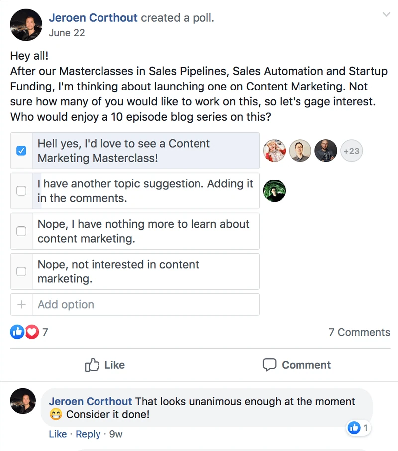 استطلاع رأي على Facebook حول Masterclass في تسويق المحتوى، حيث يتصدر خيار «نعم بالتأكيد، أود أن أراه» بـ26 صوتًا