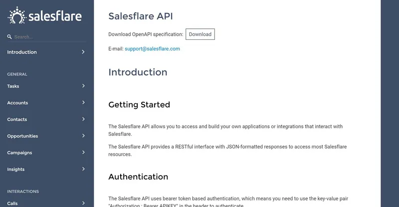 وثائق API الخاصة بـ Salesflare، مع مواصفة OpenAPI قابلة للتنزيل وقسم مخصص لكل مورد