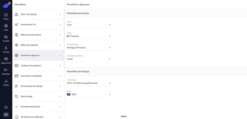 Salesflare’s Regional settings with the whole interface in French: Langue set to Français, plus theme, clock and currency