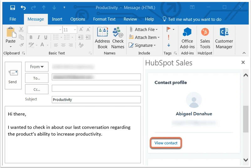 HubSpot-Sales-Seitenleiste in einem Outlook-Mailfenster mit Kontaktprofil und „View contact“